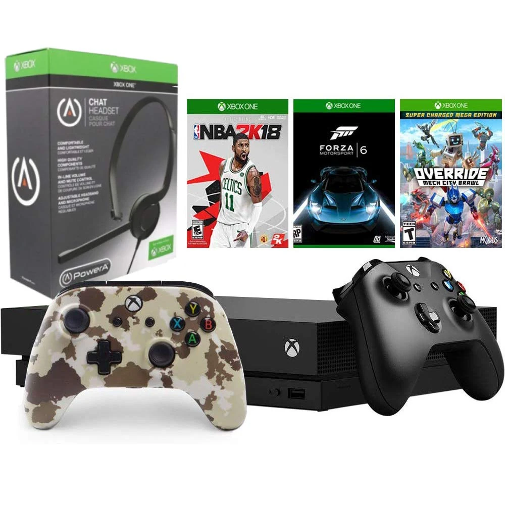 Microsoft Xbox One X 1TB Console with Chat Headset, NBA 2K18, Forza Motorsport 6, Override: Mech City Brawl, PowerA Controller Bundle (Renewed)