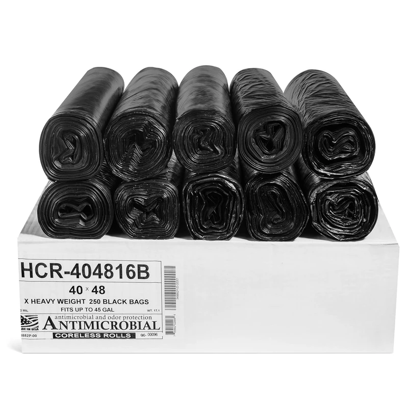 Aluf Plastics 45 Gallon Black Trash Bags (250 Count) - 40' x 48' - 16 Micron Equivalent High Density Value Garbage Bags, HCR-404816C