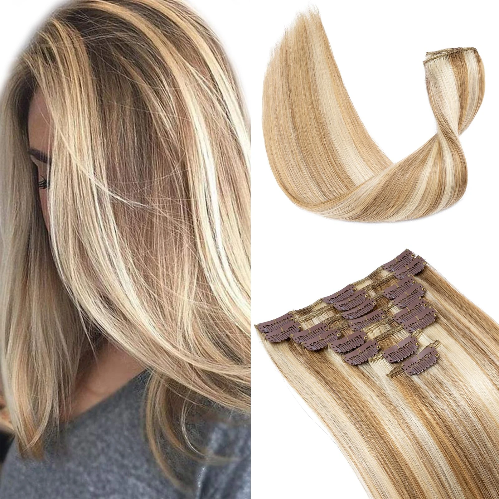 Elailite Clip in Hair Extensions Real Human Hair - 100% Remy Hair Straight 8 Pcs Thin Weft (#12/613 Golden Brown Mix Bleach Blonde, 10 Inch (50 g))