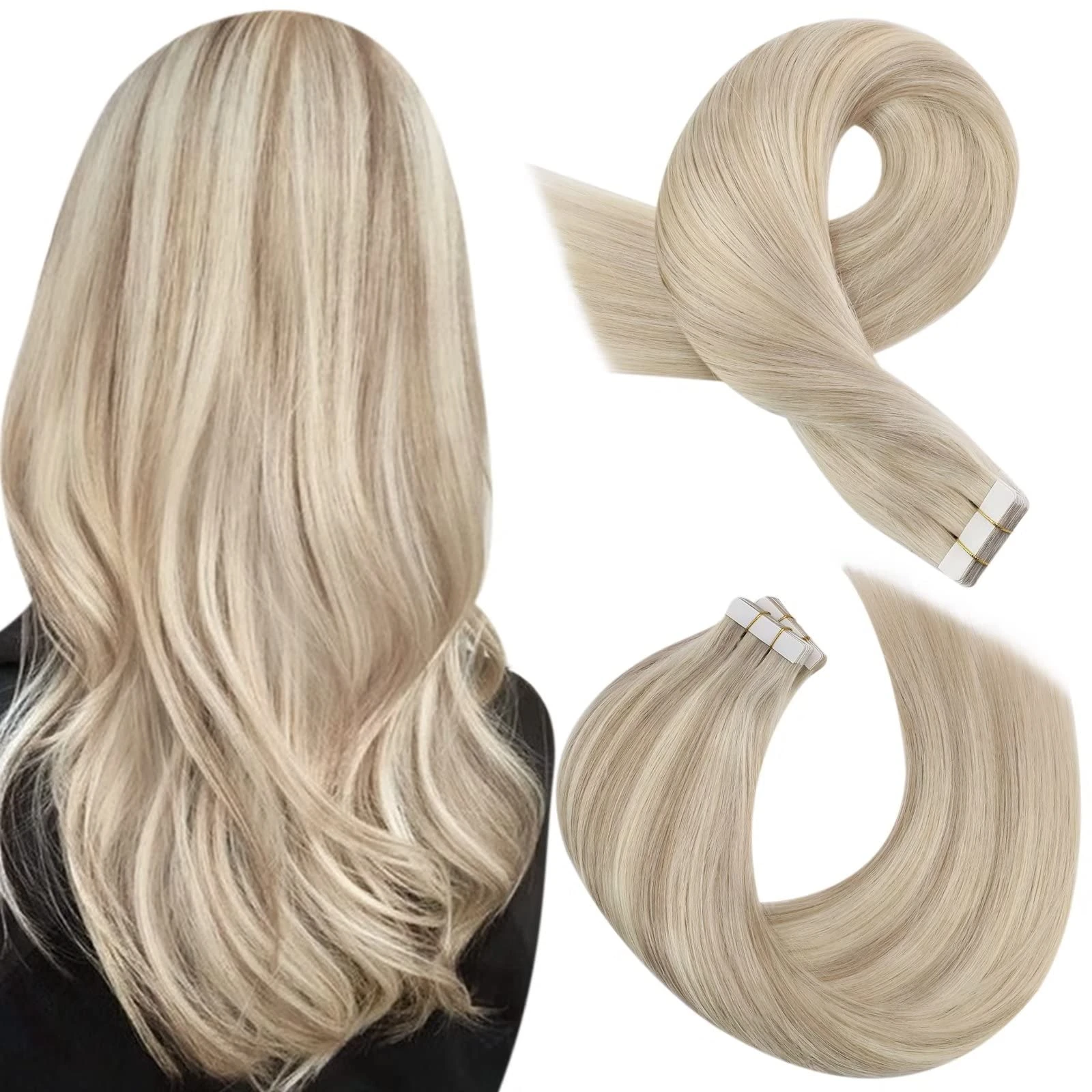 Moresoo Tape in Hair Extensions Human Hair Ash Blonde with Bleache Blonde Tape Hair Extensions Blonde Real Human Hair Extensions Tape-ins 12 Inch 20 Pieces/30g #P18/613