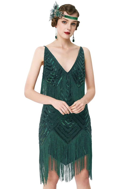 BABEYOND Women's 1920s Flapper Dress V Neck Slip Dress Roaring 20s Great Gatsby Dress for Party, Dark Green, XS