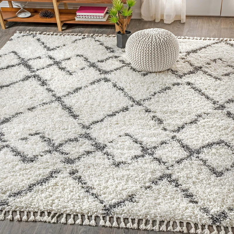 JONATHAN Y MCR102B-8 Mercer Shag Plush Tassel Moroccan Tribal Geometric Trellis Indoor Area Rug, Shags, Contemporary, Easy Clean, Bedroom, Kitchen, Living Room, Non Shed, Ivory/Grey, 240 cm X 300 cm