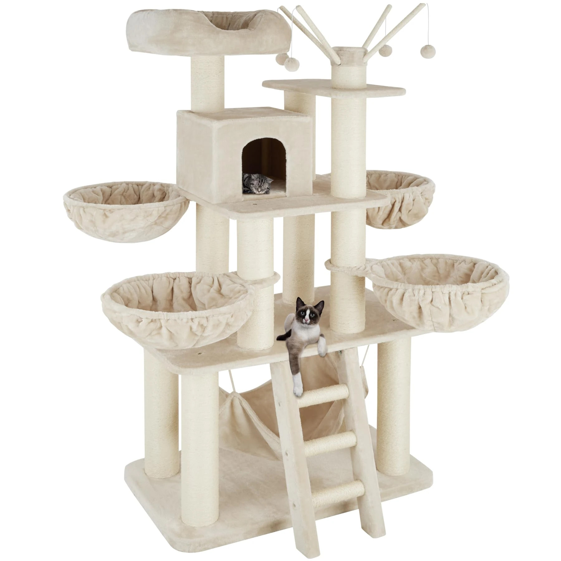 tectake® Multi-Level Cat Tree with Sisal Cat Scratching Posts, Soft Plush Cover, Cosy Cat House, Hammock, 4 Beds, Top Perch, Ladder & Toy Balls, 195 cm Cat Tower for Cats & Kittens - Beige/White