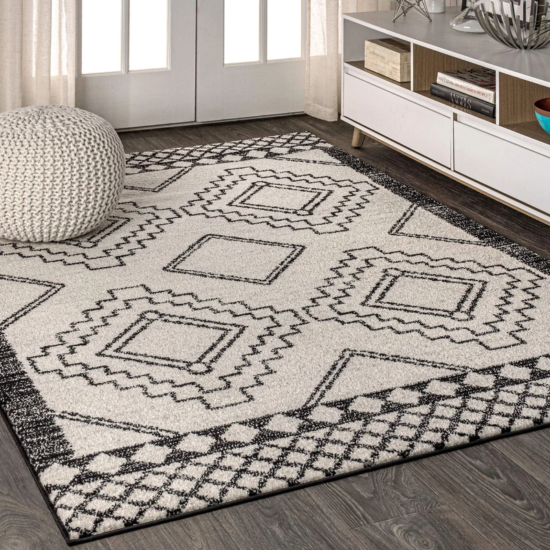 JONATHAN Y MOH200A-5 Amir Moroccan Beni Souk Indoor Area Rug, Bohemian, Sc&inavian, Transitional Easy Cleaning, Bedroom, Kitchen, Living Room, Non Shedding, Cream/Black, 150 cm X 240 cm - Image 1