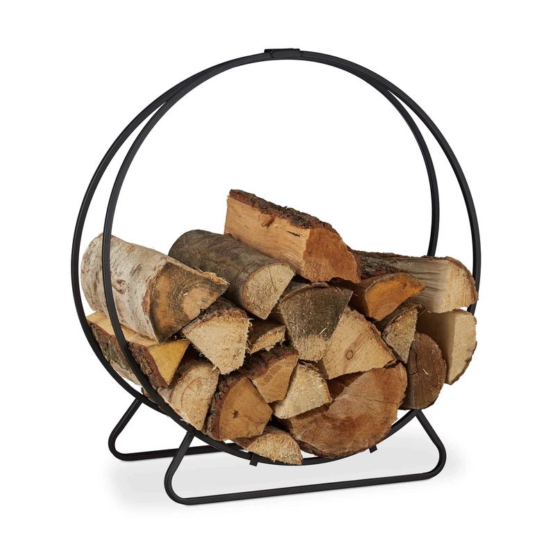 Relaxdays Firewood Rack, Round Log Cradle, Stacking Aid, Steel, Indoor Use, HxWxD 65x61x26 cm, Black