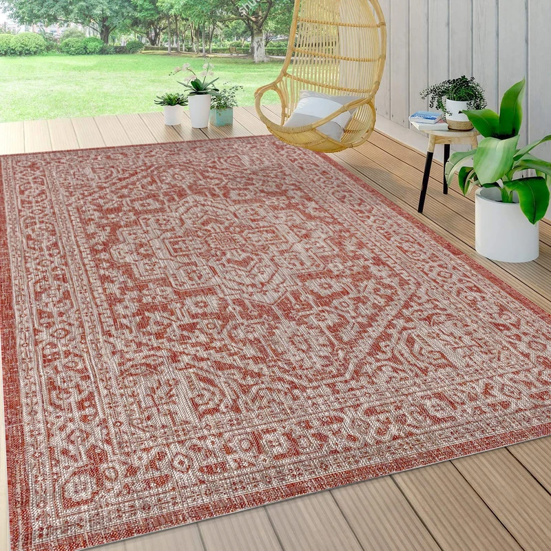 JONATHAN Y SMB101A-8 Sinjuri Medallion Textured Weave Indoor Outdoor Area Rug, Coastal, Traditional, Transitional Easy Cleaning, Bedroom, Kitchen, Backyard, Patio, Non Shed, Red/Taupe, 240 cm X 300 cm