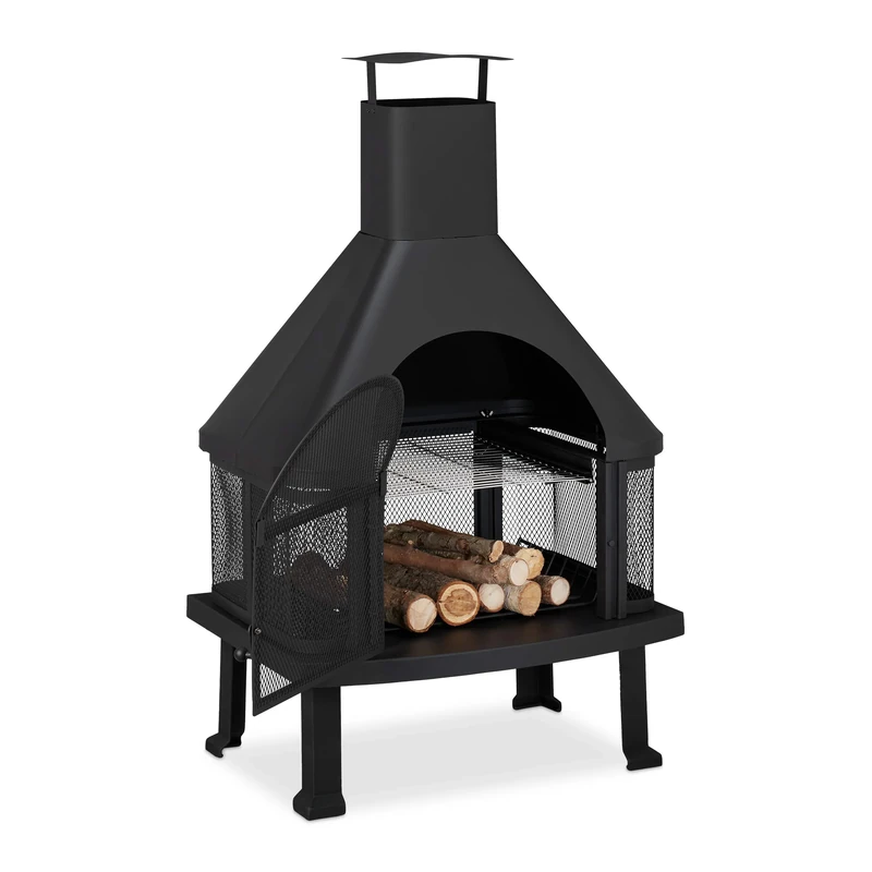 Relaxdays Patio Log Burner with Grill, Outdoor Fireplace with Spark Guard, Fire Poker, Solid, Steel, 110x63x51 cm, Black