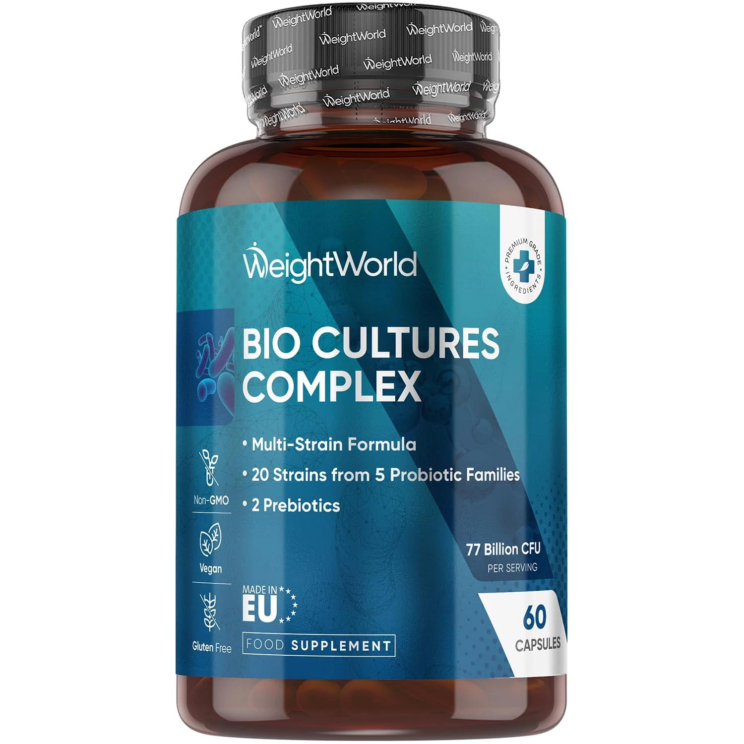 Bio Cultures Complex Probiotics and Prebiotics - 77 Billion CFU - 20 Live Cultures - 60 Capsules - Strains Like Lactobacillus Acidophilus & Casei - Prebiotic and Probiotic Supplements for Women & Men