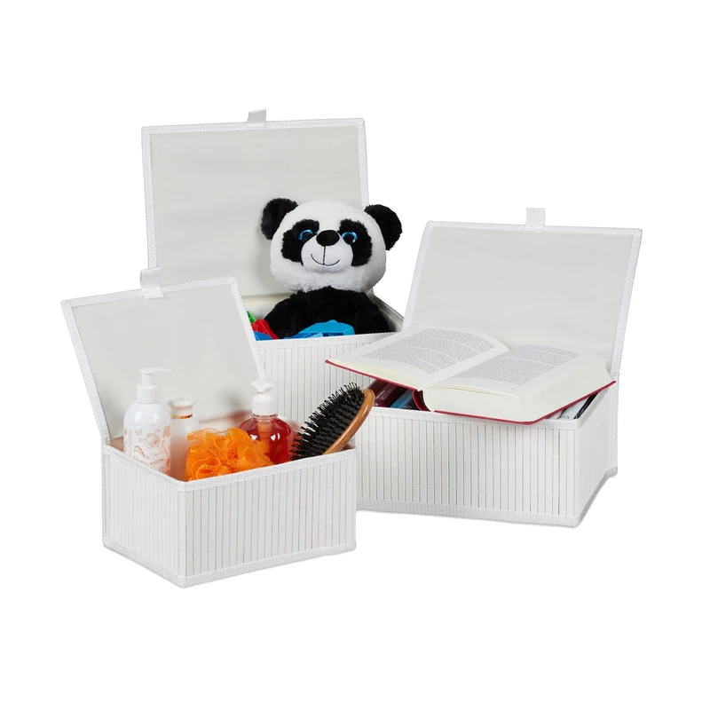 Relaxdays Set of 3 Bamboo Storage Baskets, Storage Boxes with Lid, Bamboo Container, Decorative Storage, White