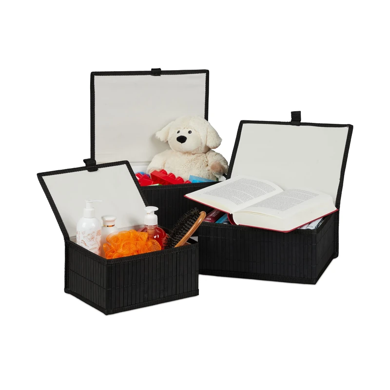 Relaxdays Set of 3 Bamboo Storage Baskets, Storage Boxes with Lid, Bamboo Container, Decorative Storage, Black