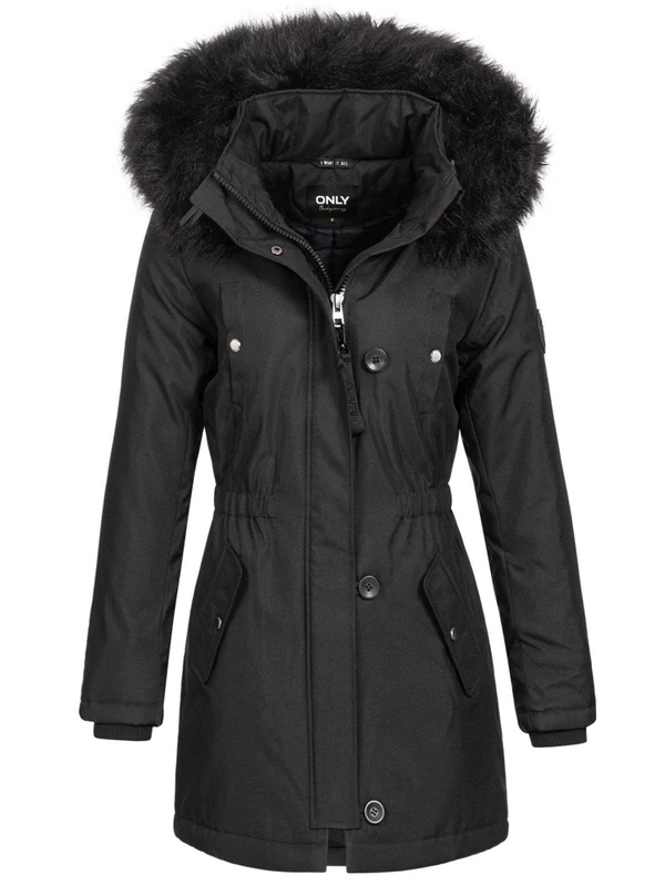 ONLY Women's Parka Winter Jacket Short Coat Winter Coat Hooded Jacket, black, L