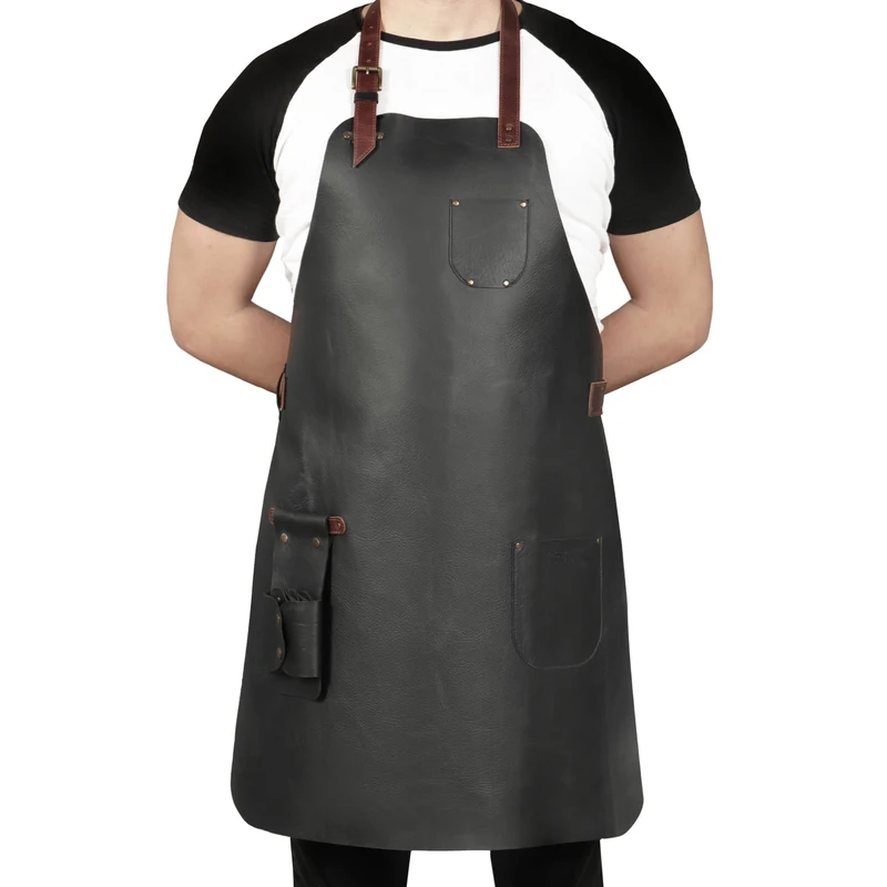 Otto Angelino Top Grain Leather Apron Woodworking, Cooking, Chef, Barista, Christmas Workshop with Tool Pockets (Black)