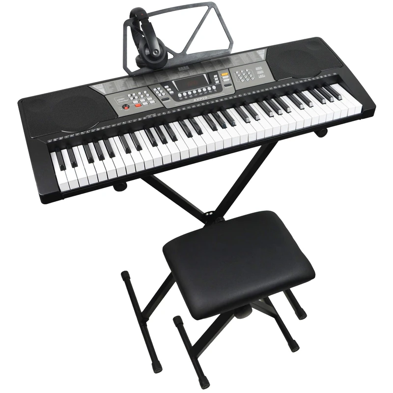 Axus AXP10 61-Key Portable Electronic Keyboard Piano Bundle for Beginners and Kids with Stand, Stool, Headphones, 6 Months FREE Lessons, Power Supply and Music Rest