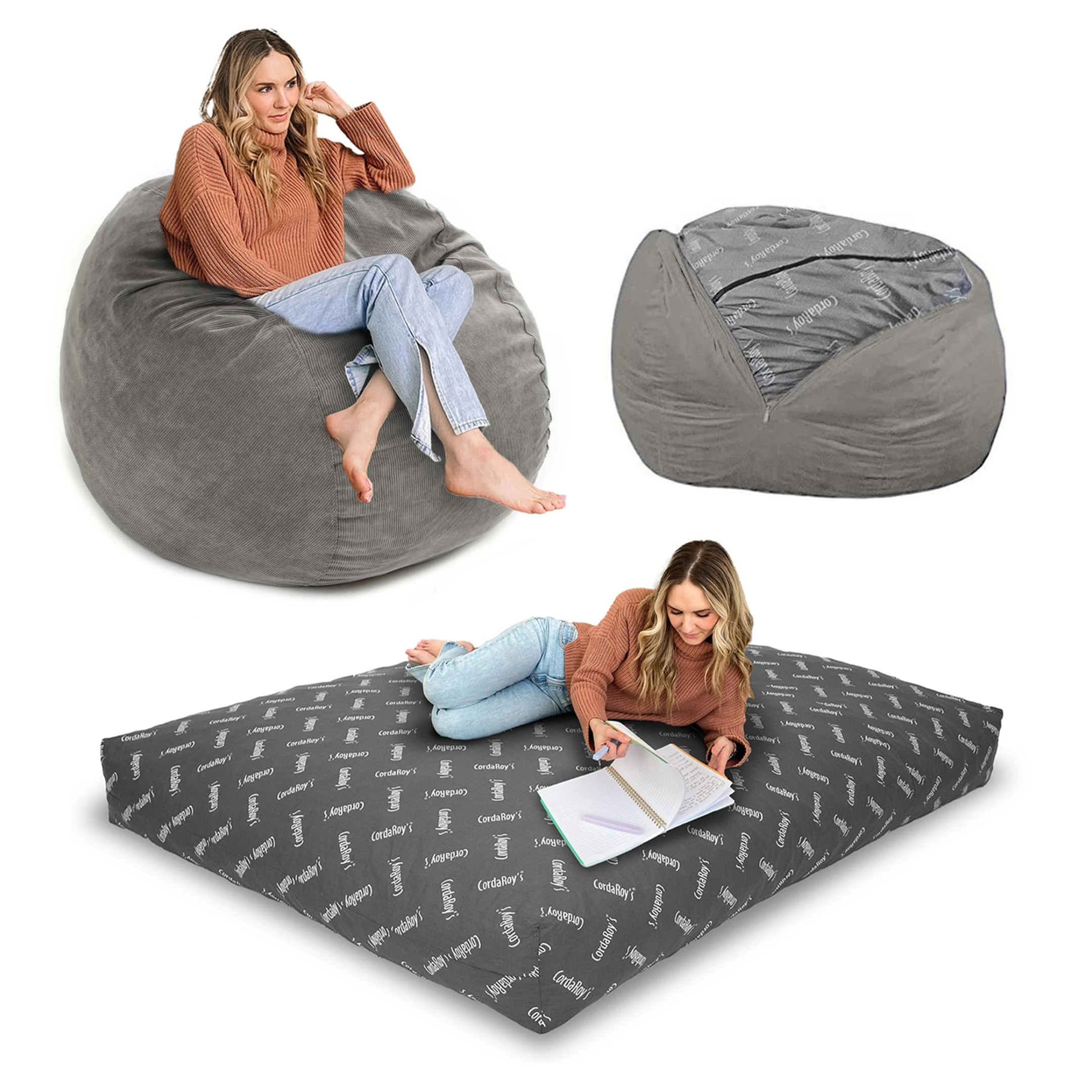 CordaRoy's Corduroy Convertible Chair Folds Bed, As Seen on Shark Tank Bean Bag | Full, Grey