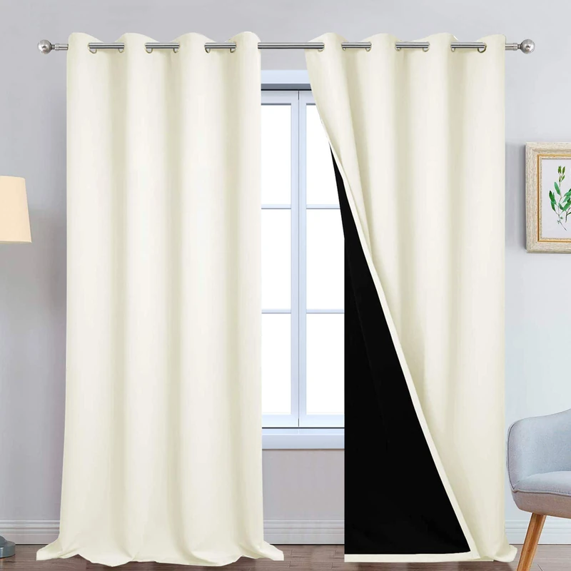 Yakamok 100% Blackout Window Curtain Panels, Heat and Full Light Blocking Drapes with Black Liner for Nursery, 108 inches Drop Thermal Insulated Draperies (Cream, 2 Pieces, 52 Inch Width)