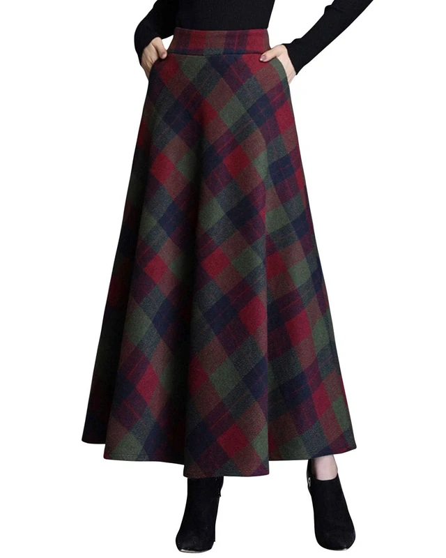 ebossy Women's Vintage High Waist Wool Blend Plaid A-Line Long Maxi Skirt with Pocket - Green - Medium