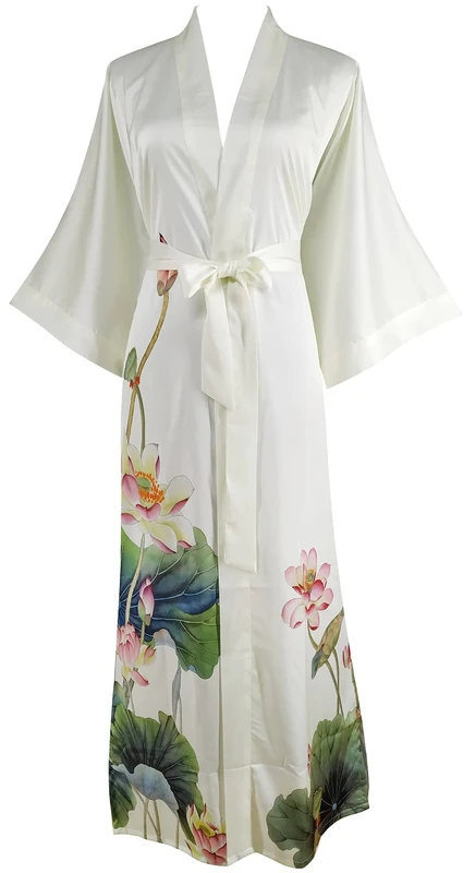 Ledamon Women's Silk Satin Kimono Long Robe - Classic Floral Bathrobe Nightgown - Ivory - One size