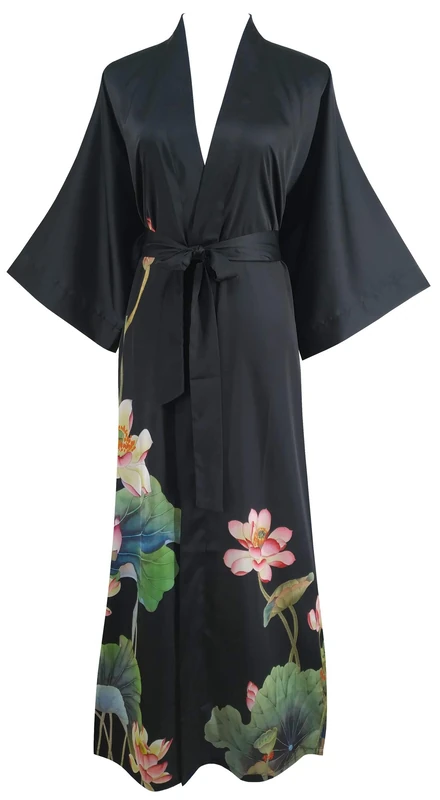 Ledamon Women's Kimono Long Robe - Classic Floral Bathrobe Nightgown (Polyester, Black-a)