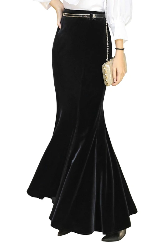 ebossy Women's High Waist Bodycon Velvet Fishtail Mermaid Maxi Skirt Evening Party - Black - X-Large