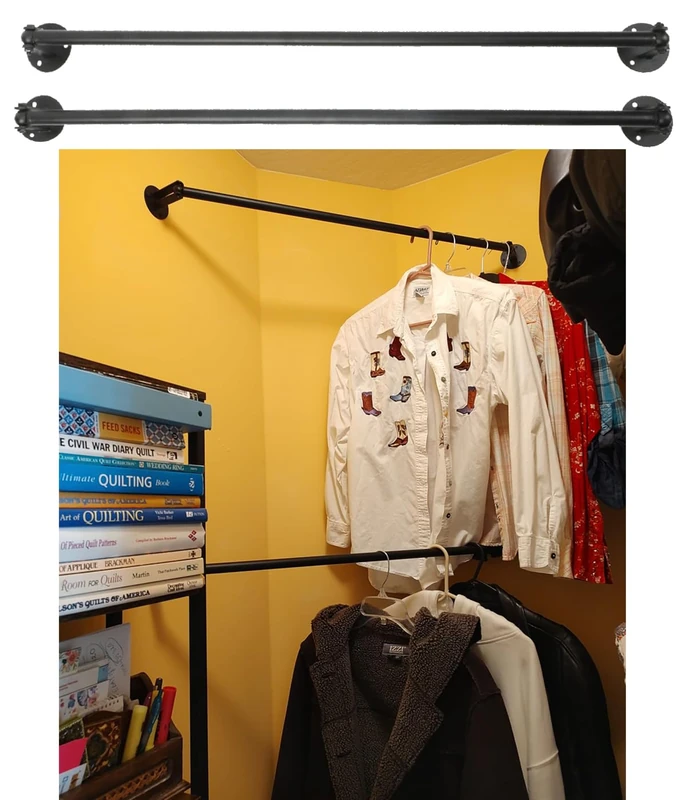 Lehom Wall Mounted Clothes Rack 2 Pack 34 x 3 x 2.5 inch Corner Clothing Hang Bar Industrial Pipe Adjustable Angle Garment Rod Matte Black