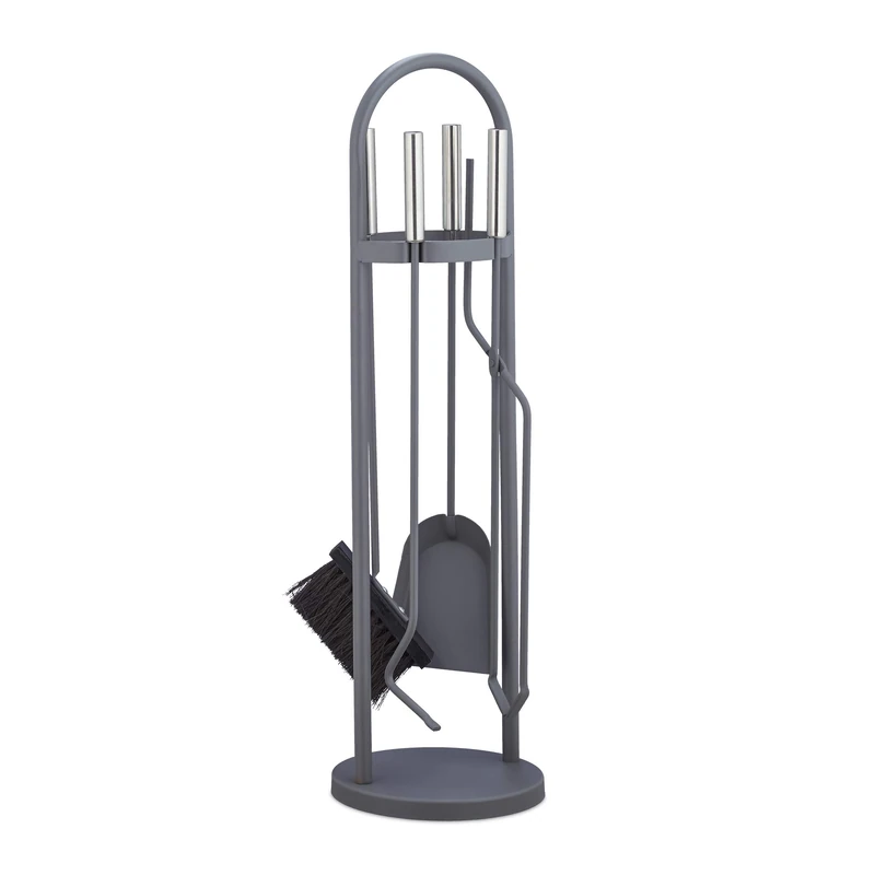 Relaxdays Modern Fireplace Companion Set, 5-Piece Tool Set with Shovel, Broom, Tongs, Poker & Rack, Gray