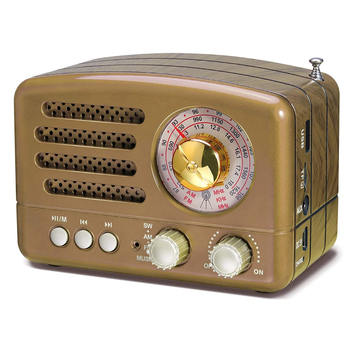 PRUNUS J-160 Portable Radio Retro, SW AM FM Radio Small with Bluetooth Speaker, Transistor radio Battery Operated,upgrade 1800mAh Rechargeable Battery,Supports TF Card/USB MP3 Player (Gold)