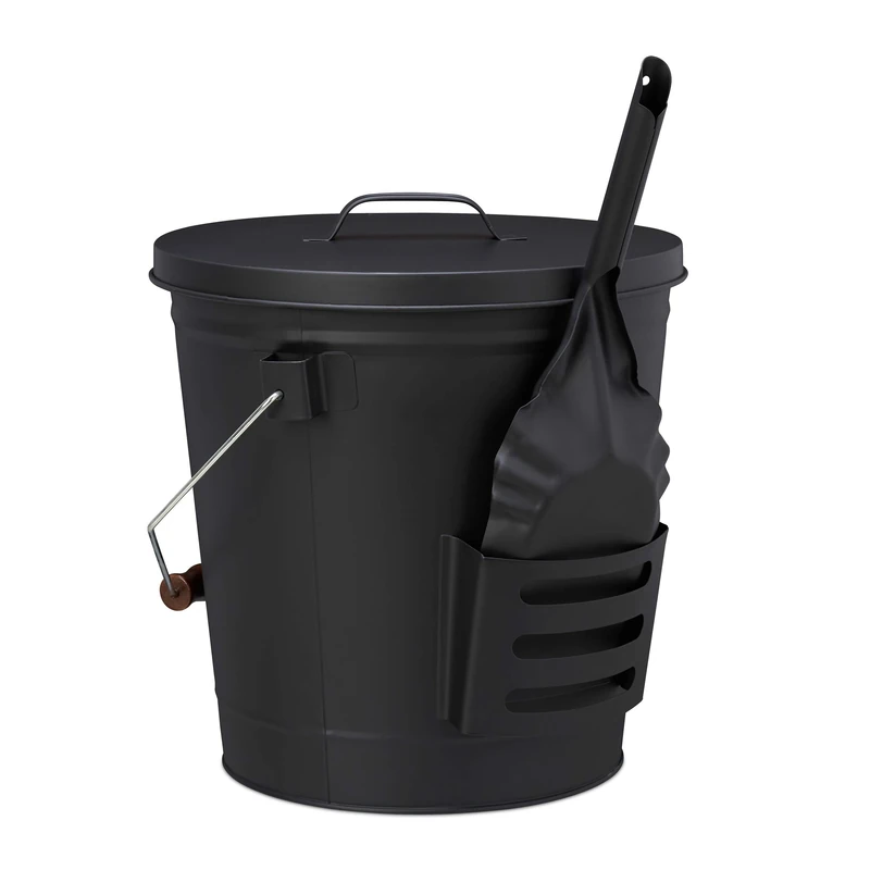 Relaxdays Ash Bucket with Lid and Shovel, Steel, Charcoal Bin with Handle, 19 L, Fireplace & BBQ Set, Black, 47.5 x 38 x 33 cm