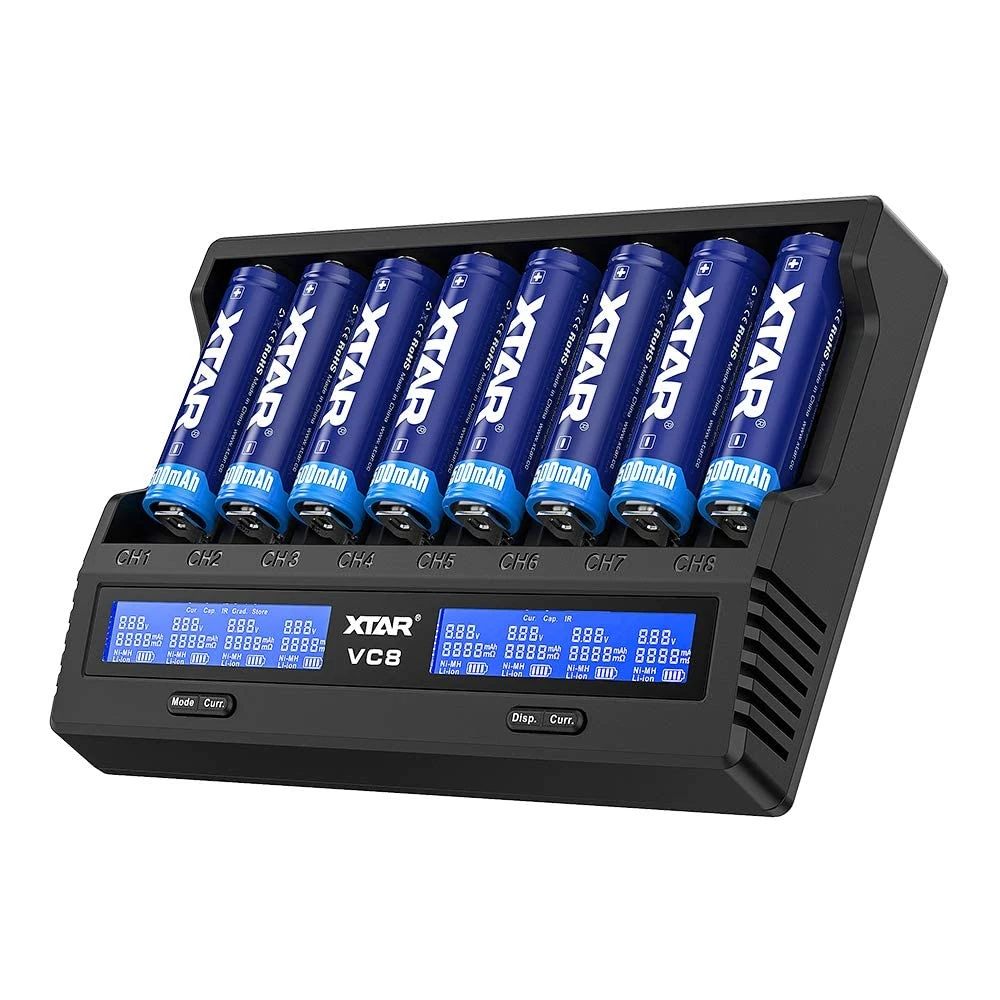 XTAR VC8 3A USB Fast Charger 8 bays Battery Charger 21700 Battery Charger for Rechargeable IMR Batteries10440 16340 18650 26650 AAA AA C 5 Optional Currents Charge 8X21700 Simultaneously