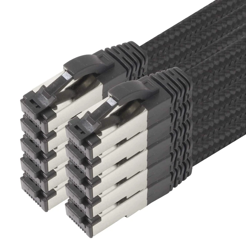 1aTTack.de 5m - Black Cotton CAT 6a Patch Cable Black - Pack of 10 Network Cable Fabric Cotton Coat Cat Cat 6 a Cable Rj 45 LAN Ethernet Patch Cable 500Mhz 10 Gb s - 10 x 5 Meters