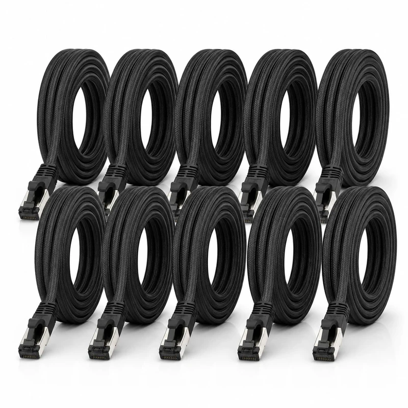 1aTTack.de 7.5m - Black Cotton CAT 6a Patch Cable Black - Pack of 10 Network Cable Fabric Cotton Coat Cat Cat 6 a Cable Rj 45 LAN Ethernet Patch Cable 500Mhz 10 Gb s - 10 x 7.5 meters