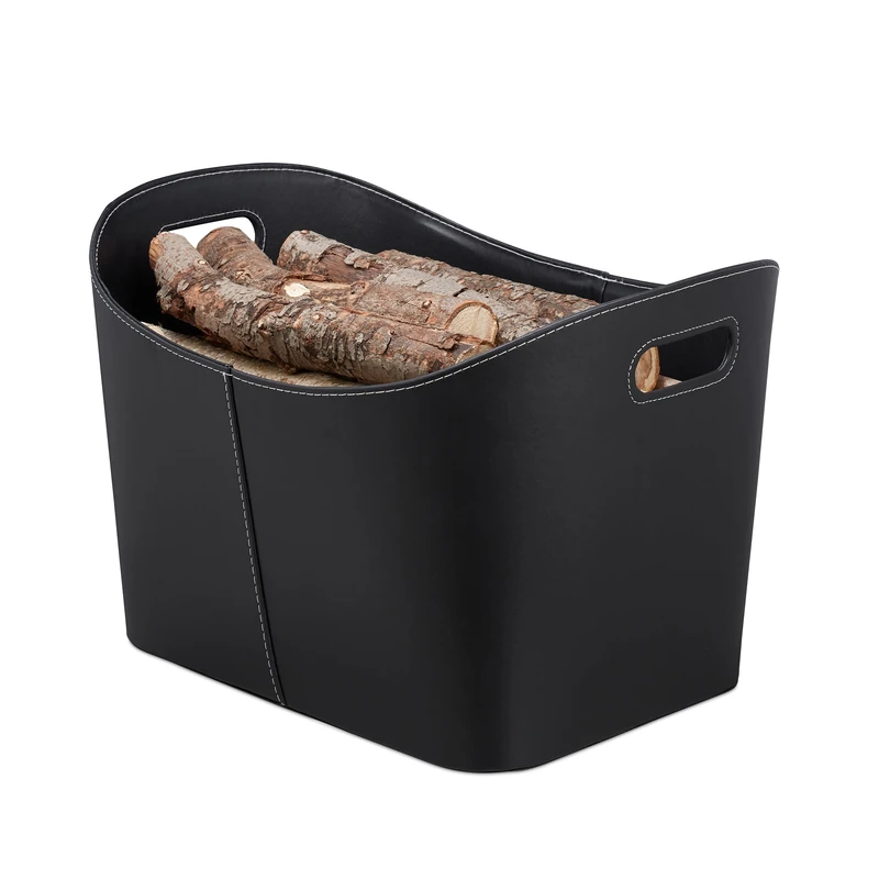 Relaxdays Faux Leather Firewood Basket, Sturdy Log Storage Bin with Handles, Size XL, Black