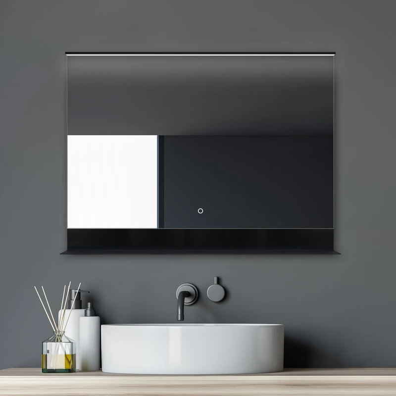 Talos Black Home LED Bathroom Mirror with Shelf, 80 x 60 cm