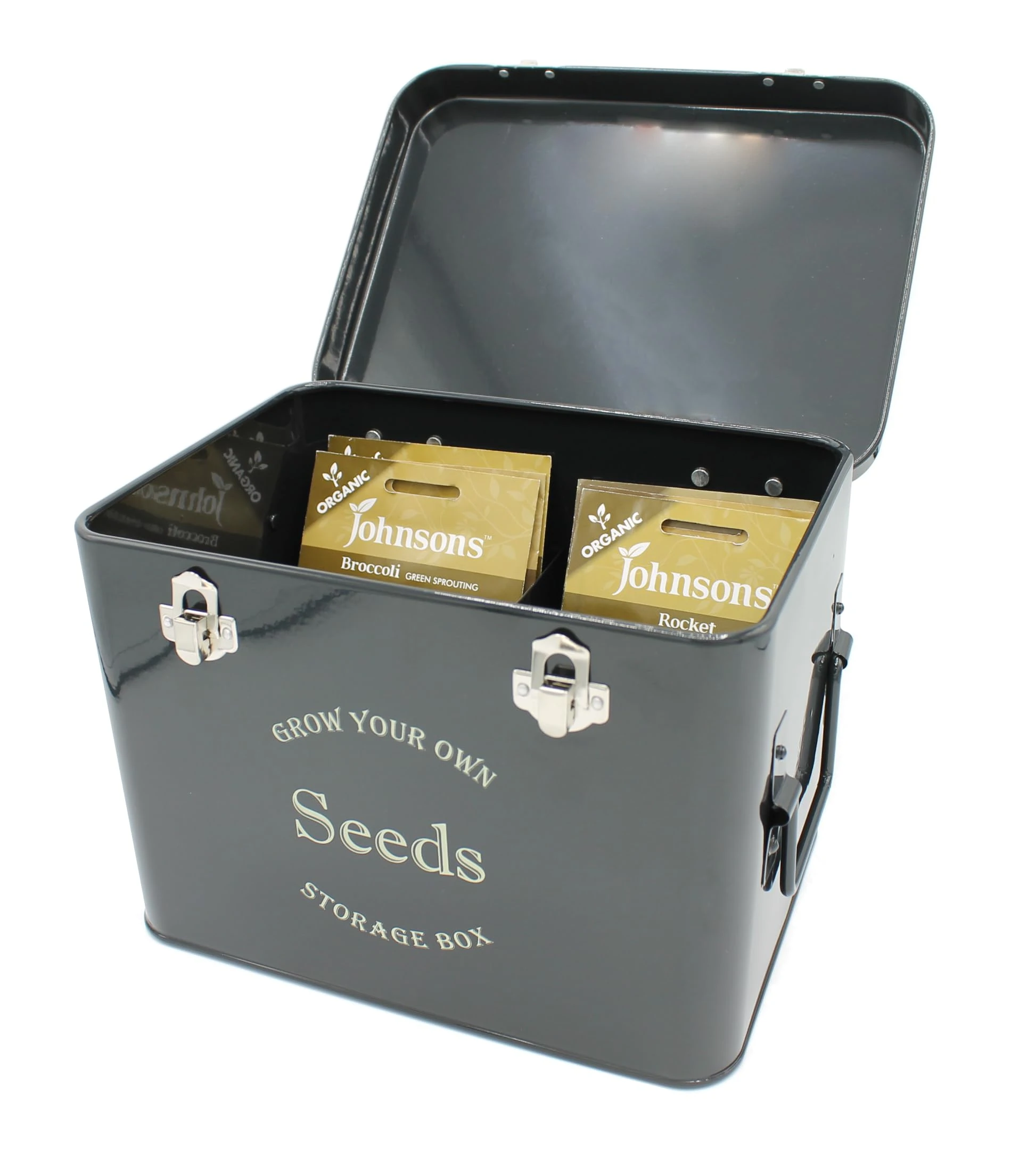 Gardening-Naturally Midnight Black Powder Coated Metal Seed Packet Storage Tin