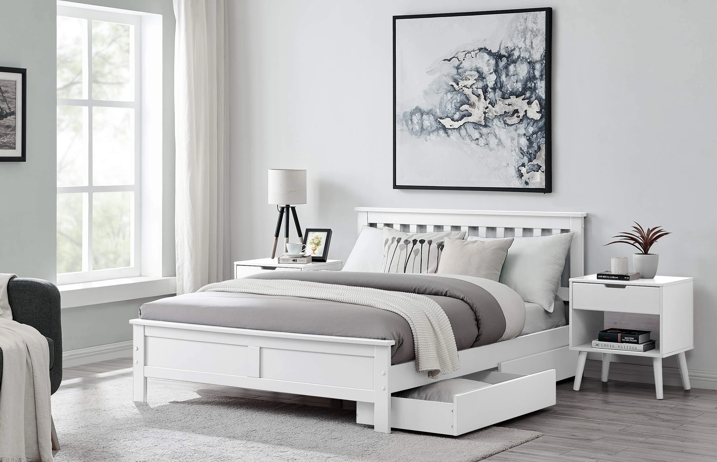 Furniturebox UK Azure White Wooden Solid Pine Quality Single Double King Bed Frame (Double Bed + 2 White Drawers)