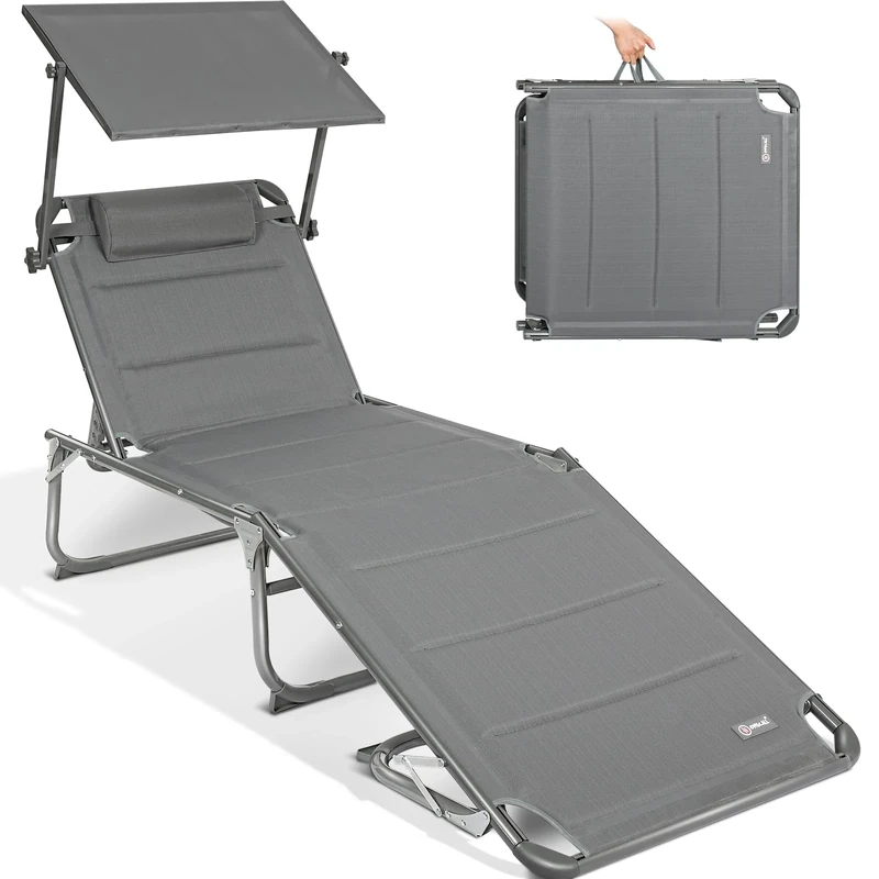 Homecall 30039 XXL Aluminium Sun Lounger with Sun Roof Three-Legged Beach bed 200x70 cm Maximum Load 150 kg, Grey textilene, Quick Dry Foam