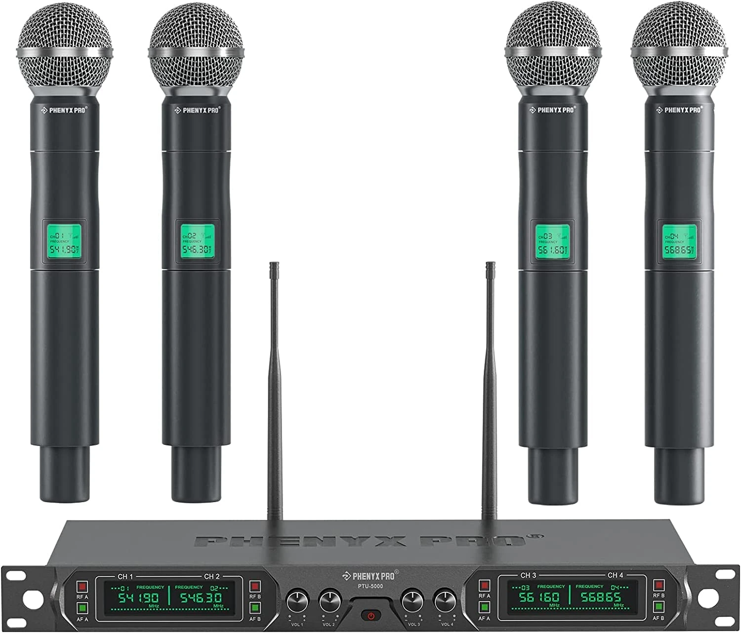Phenyx Pro Wireless Microphone System, 4-Channel UHF Wireless Mic, Fixed Frequency Metal Cordless Mic with 4 Handheld Dynamic Microphones, 260ft Range, Mics for Singing, Church(PTU-5000-4H)