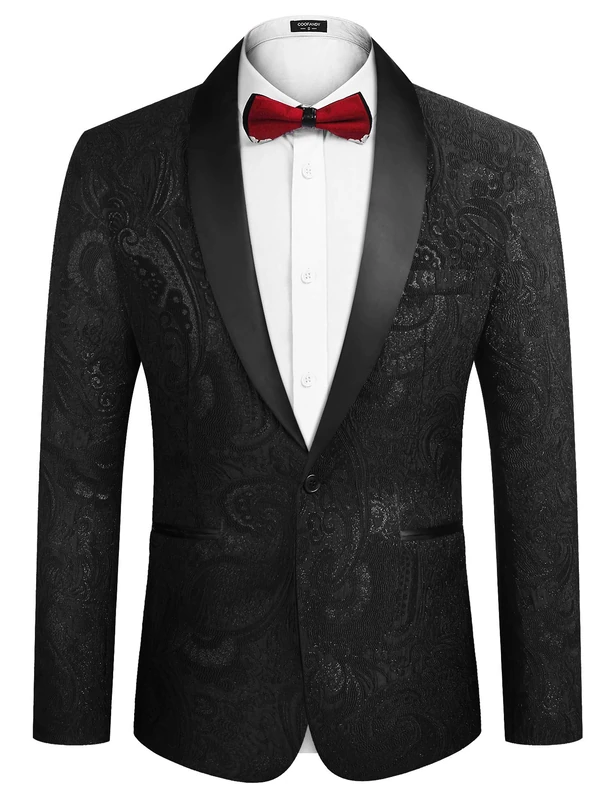 Coofandy Men's Floral Tuxedo Jacket Luxury Embroidered Wedding Blazer Dress Suit for Party Dinner, Black, M