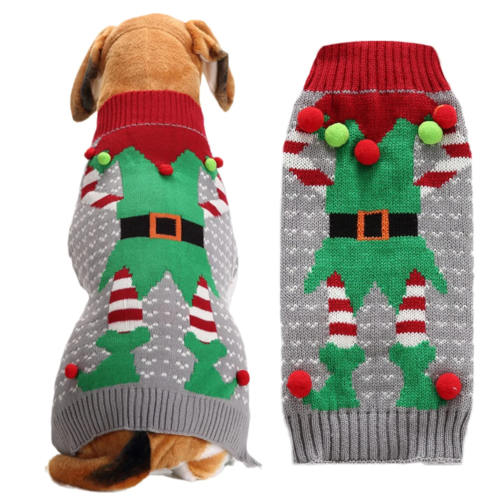 ABRRLO Dog Christmas Jumper Ugly Elf Outfits Grey Xmas Pet Sweater Puppy Cat Holiday Costume New Year Clothes Gift for Small Medium Large Dogs (Gray Elf,XL)