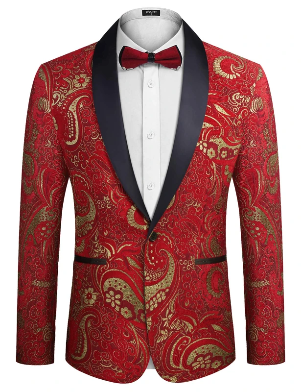 Coofandy Men's Floral Tuxedo Jacket Slim Fit Luxury Embroidered Dress Suit Jacket for Party Dinner Wedding, Red, XL