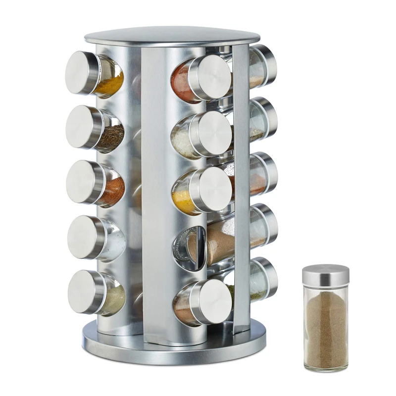 Relaxdays Spice Rack with 20 Jars, 360° Rotation, Shakers for Seasoning, 34.5 cm High, Stainless Steel, Silver
