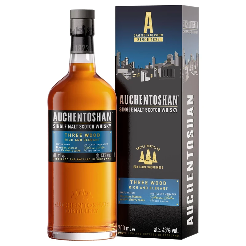 Auchentoshan Three Wood | Scotch | Lowland | Single Malt Whisky | Rich and Fruity | Olorosso and Pedro Ximenez Sherry Oak Cask Matured | 43 Percent ABV | 70 cl