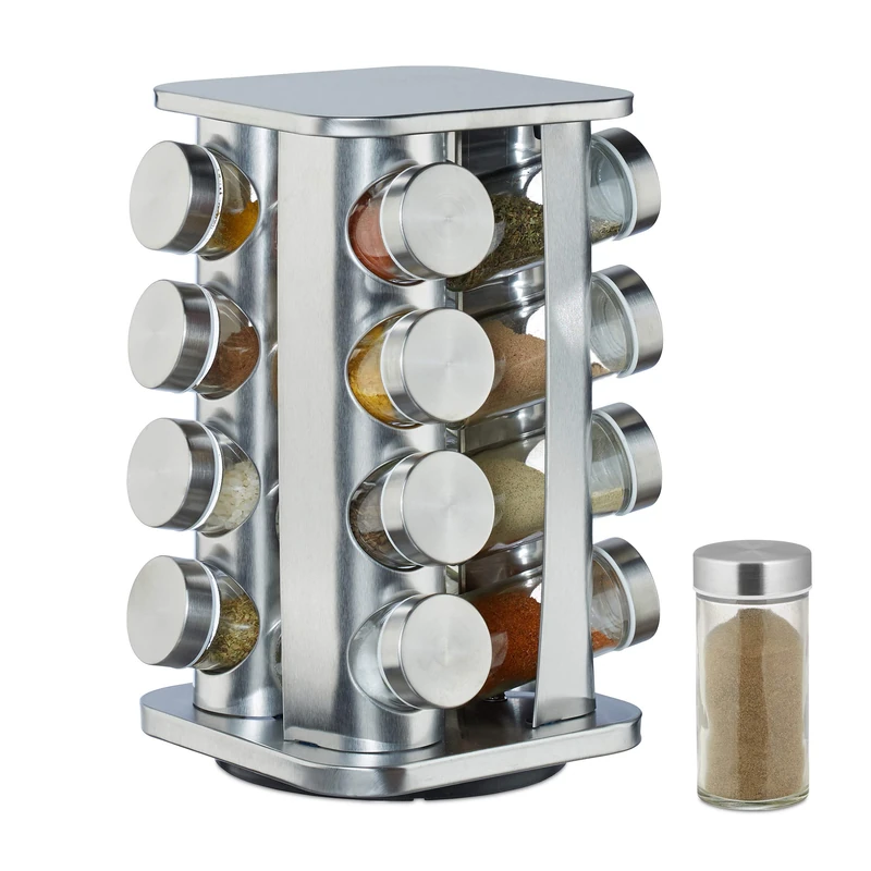 Relaxdays Spice Carousel with 16 Jars on 4 Tiers, 360° Rotation, Shakers, Stainless Steel, Silver