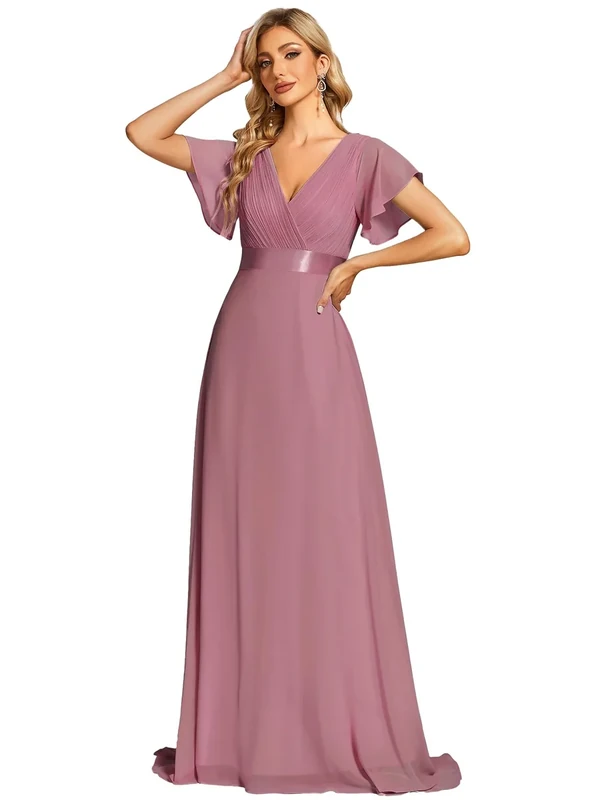 Ever-Pretty Women's Short Flutter Sleeves Empire Waist Elegant Chiffon Long Evening Dress Orchid 10UK