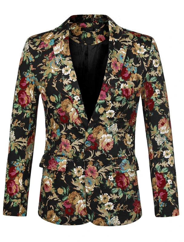 sourcing map Men's Suit Blazer Slim Fit Floral Printed One Button Prom Jacket Sport Coat Golden 50