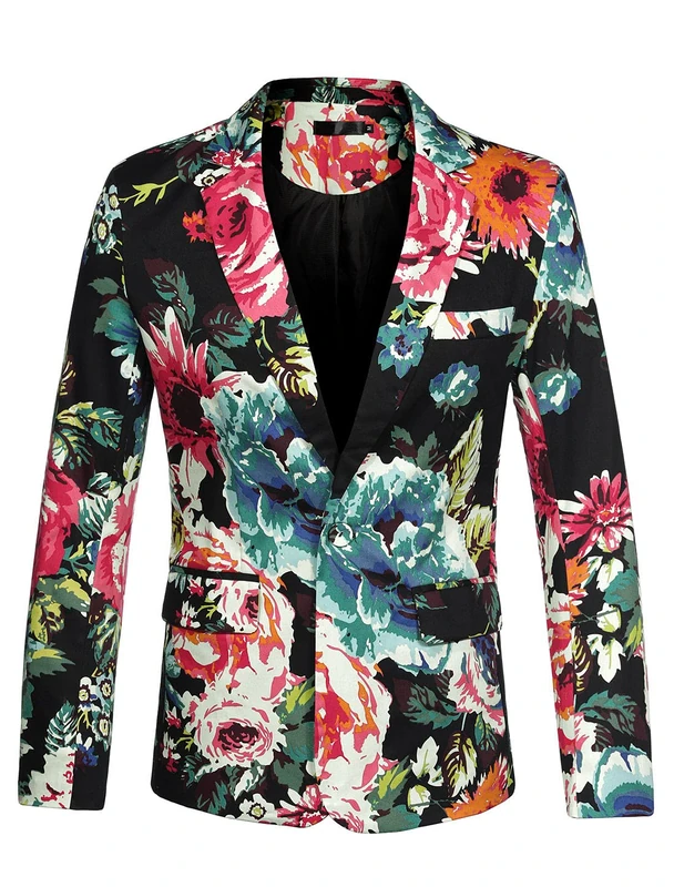 sourcing map Men's Suit Blazer Slim Fit Floral Printed One Button Prom Jacket Sport Coat Black Blue 38