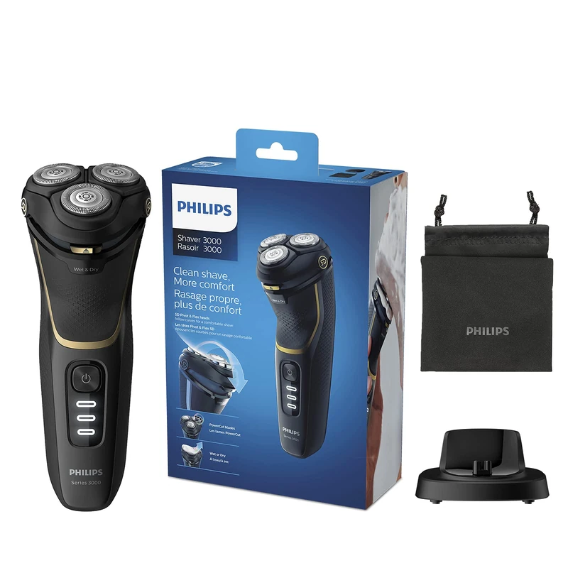 Philips Series 3000 Wet or Dry Men's Electric Shaver with a 5D Pivot & Flex Heads, Noir Gold