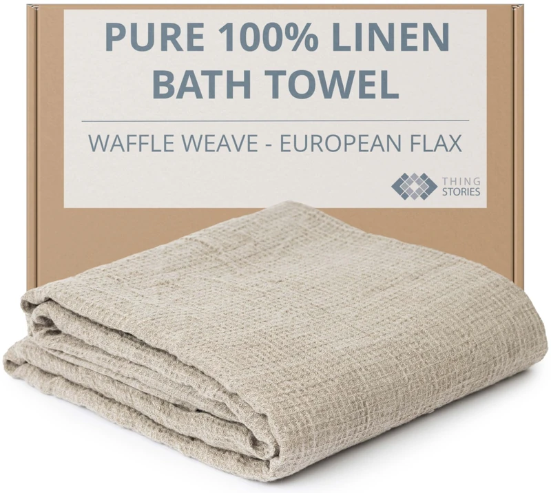 Pure 100% Linen Bath Towel - Stone-Washed 30 x 60 inch Soft Lightweight Travel Towel - Waffle Weave Quick Dry Beach Towel - Natural Flax Thin Towels for Bathroom Gym or Sauna - Sustainable Bath Sheet