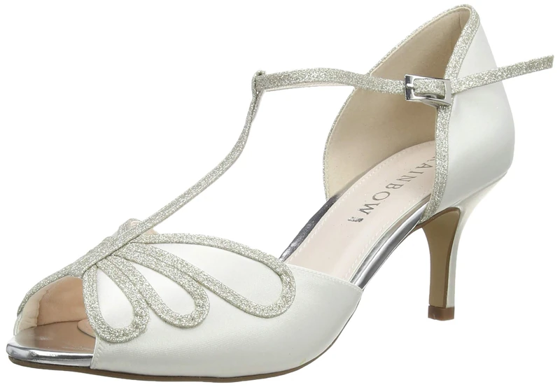 Rainbow Club Harlow - Peep Toe Low Heel Ivory Satin Bridal Wedding Shoes with Silver Shimmer Detail and Ankle Strap, 4 UK