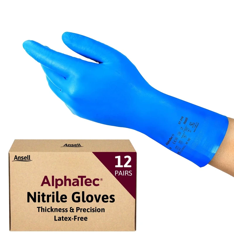 Ansell AlphaTec 37-310, Multipurpose Nitrile Gloves, Reusable Gloves, Latex Free Gloves with Chemical Protection, Cooking and Cleaning Gloves, Blue Nitrile Gloves Large, 12 Pairs- Packaging May vary