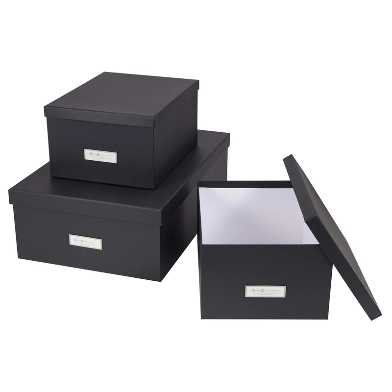 Bigso Box of Sweden Set of 3 Storage Boxes with Lids - Organiser Box for Clothes, Office Equipment and More - Wardrobe Storage Boxes with Labels for Bedding or Seasonal Clothing - Dark Grey